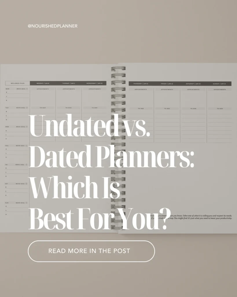 Featured Image for Nourished Planner Article  Undated vs. Dated Planners: Which One Supports Your Wellness Journey?